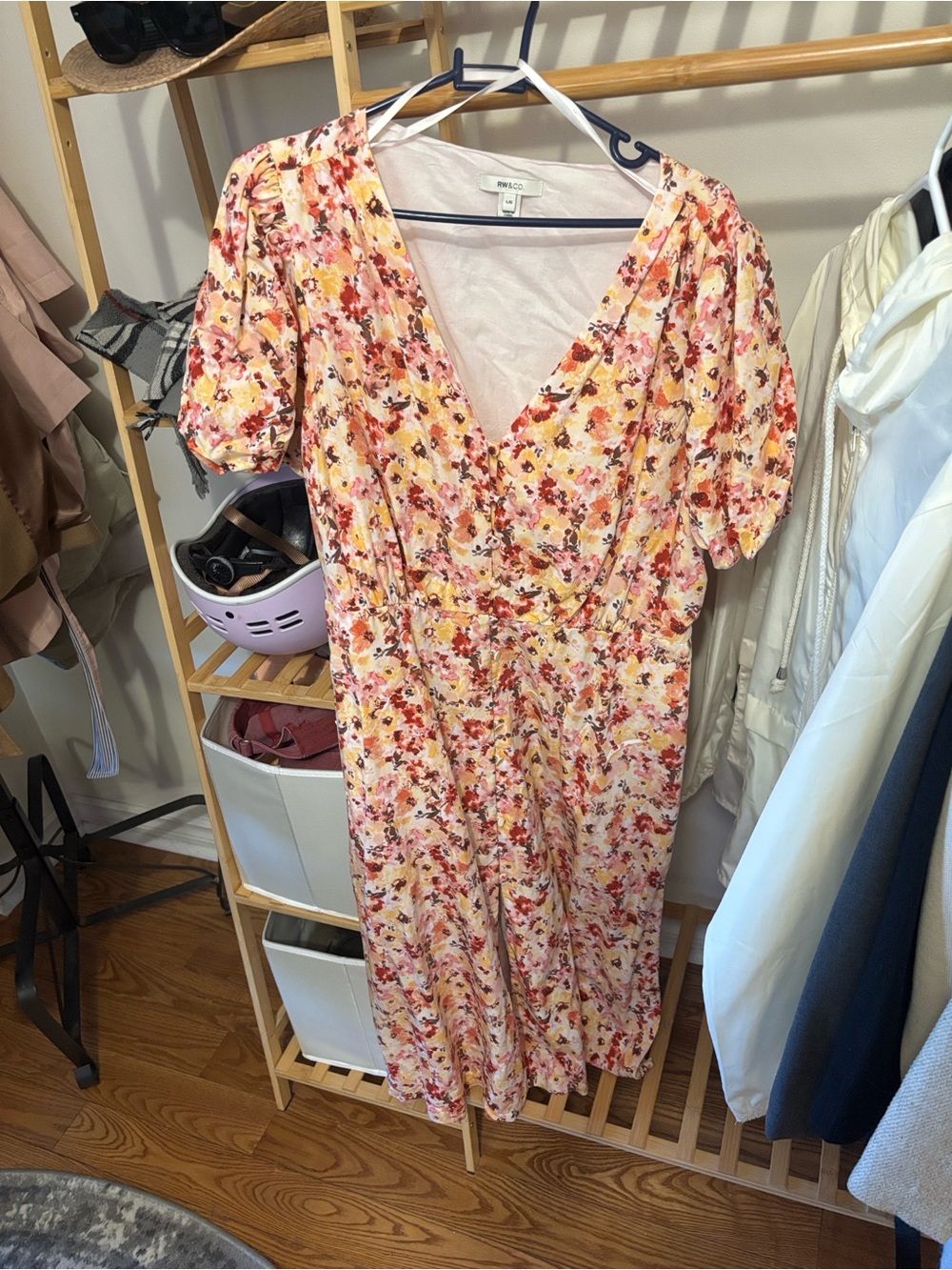 RW&CO. Peach Pink Floral V-Neck Midi Dress